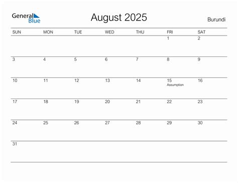 Printable August 2025 Monthly Calendar with Holidays for Burundi