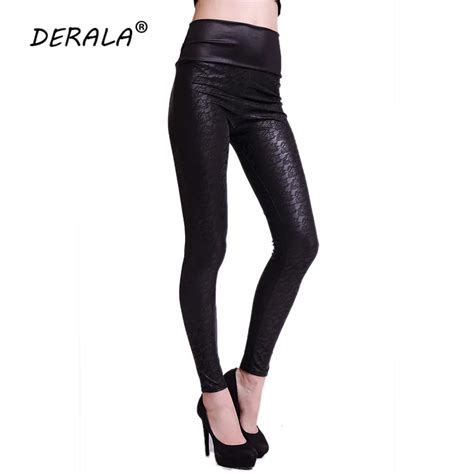 Women High Waist Lace Print Faux Leather Leggings Black Matte Pu