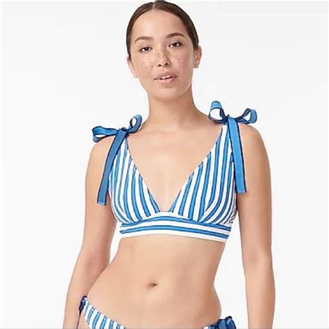 J Crew Swim J Crew Tie Shoulder Bikini Top Cabana Stripe Blue