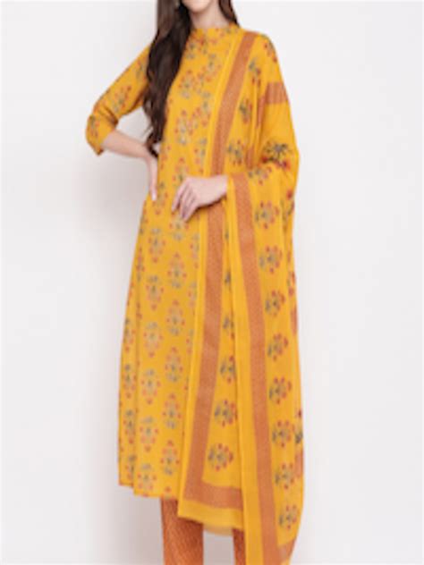 Buy Kalini Women Yellow Ethnic Motifs Printed Sequinned Pure Cotton Kurta With Trousers And With