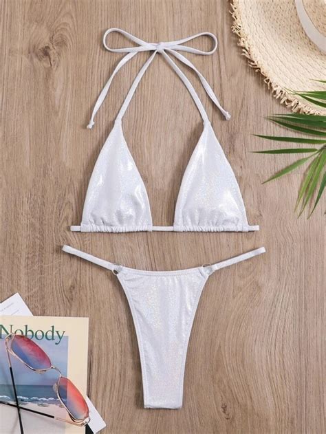 Women Metallic Micro Triangle Thong Bikini Swimsuit Extreme Etsy Finland