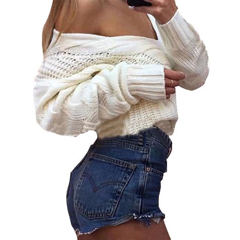 Buy Womens Sexy V Neck Long Sleeves Loose Solid Knitted Sweater At