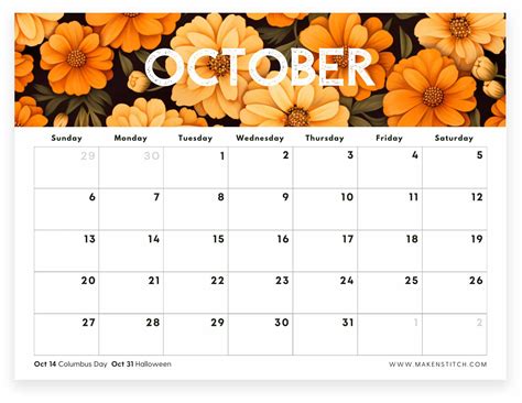 October Calendar Free Printable Makenstitch