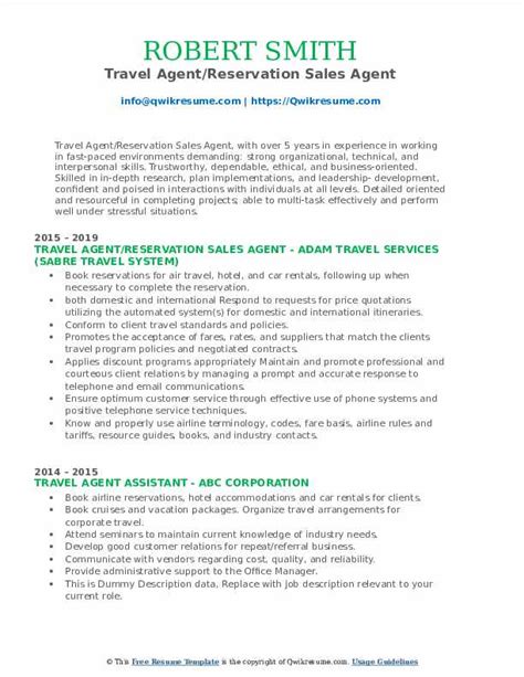 Travel Agent Resume Samples Qwikresume