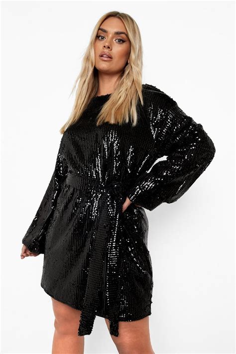 Plus Sequin Belted Blouson Sleeve Shift Dress Boohoo Uk