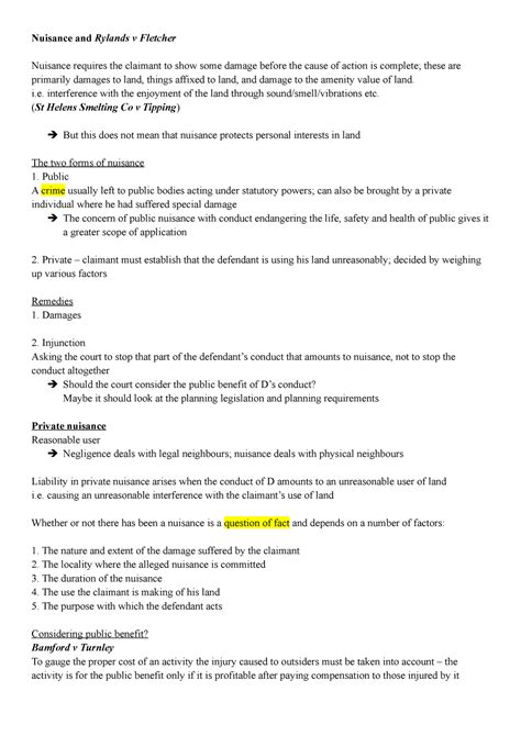 Nuisance And Rylands V Fletcher Notes Nuisance And Rylands V Fletcher