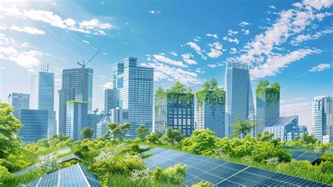 Smart City Skyline With Green Roofs And Solar Panels Embracing