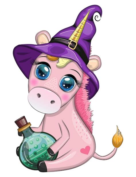 Premium Vector Cute Cartoon Unicorn In Purple Witch Hat With Pumpkins