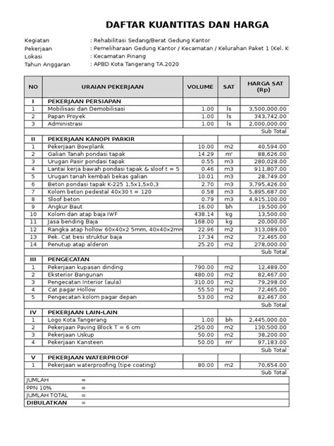 Contoh Daftar Kuantitas Dan Harga Pdf