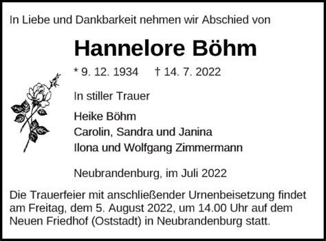 Traueranzeigen von Hannelore Böhm Trauer Nordkurier