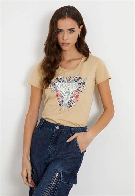 Guess Logo Blumen T Shirt Print Beige Zalandode