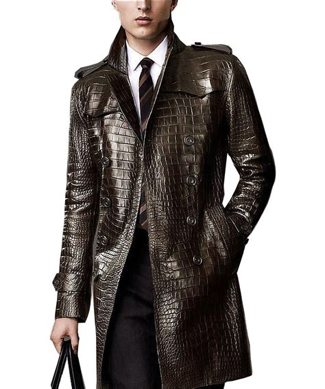 Mens Double Breasted Brown Leather Alligator Coat Jackets Masters