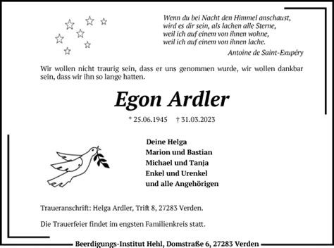 Traueranzeigen Von Egon Ardler Trauer Kreiszeitung De