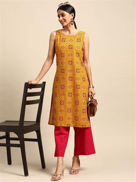 Buy Anouk Women Mustard Yellow And Pink Pure Cotton Floral Printed Kurta