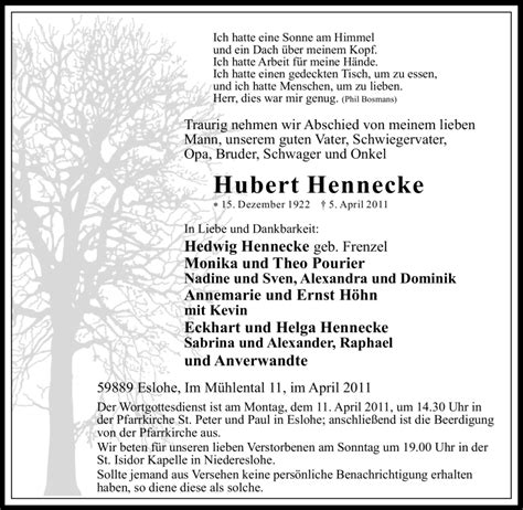 Traueranzeigen Von Hubert Hennecke Trauer In Nrw De