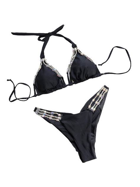 Gwiyeopda Women Rhinestone Diamonds Halter Triangle Tie Side Bikini Set