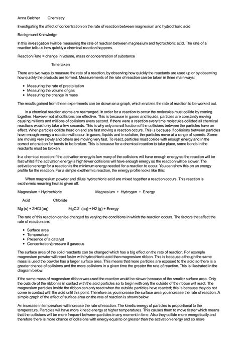 SOLUTION Investigating The Affect Of Concentration On The Rate Of