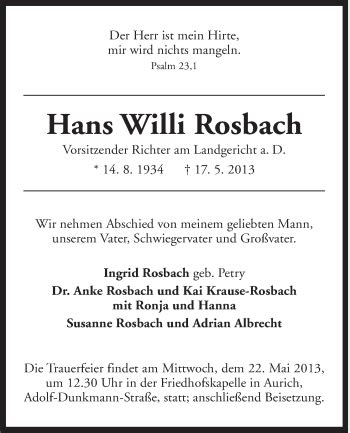 Traueranzeigen Von Hans Willi Rosbach Nordwest Trauer De