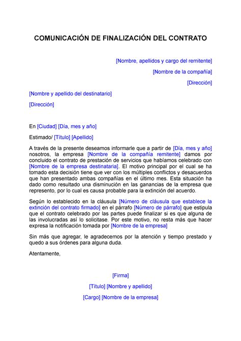 Modelo de Carta de Finalización de contrato de prestación de servicios