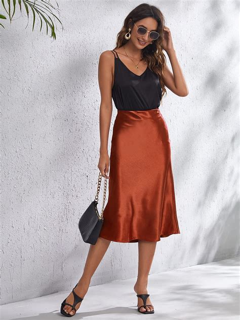 Verdusa Women S Elegant Zip Up Side High Waist A Line Satin Midi Skirt