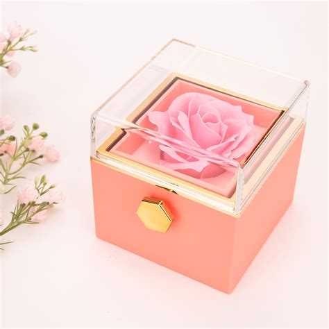 Rotating Rose Necklace Box Handmade Eternal Rose Jewelry Box Square