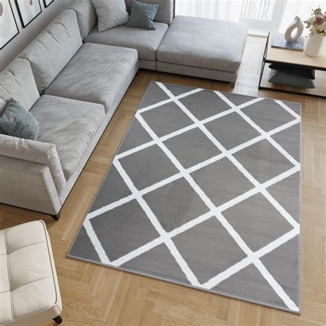 Tapiso Luxury Tapis De Salon Chambre Moderne Gris Clair Blanc Carreaux