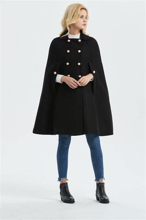 Black Wool Cape Cape Coat Loose Cape Midi Cape Winter Etsy Wool Cape