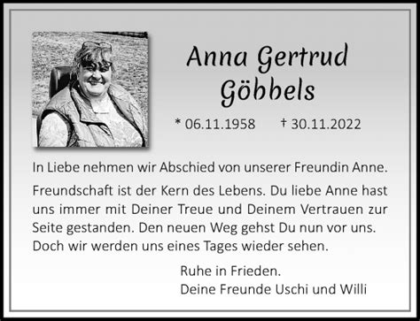 Traueranzeigen Von Anna Gertrud G Bbels Trauer Und Gedenken