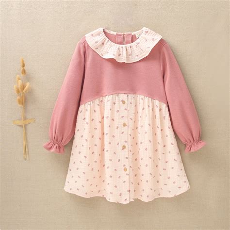 Vestido De Niña Combinado De Punto Con Muselina De Ramitas Rosas Dadati Moda Infantil