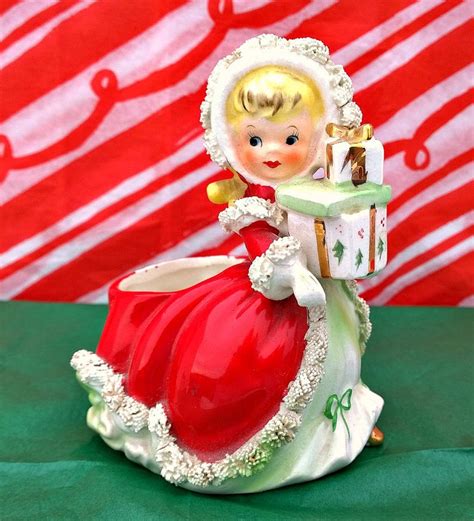 Vintage Christmas Napco Planter Figurine Girl With Red Dress Etsy