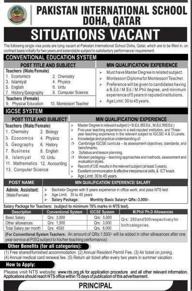 Pakistan International School Doha Qatar Jobs 2019