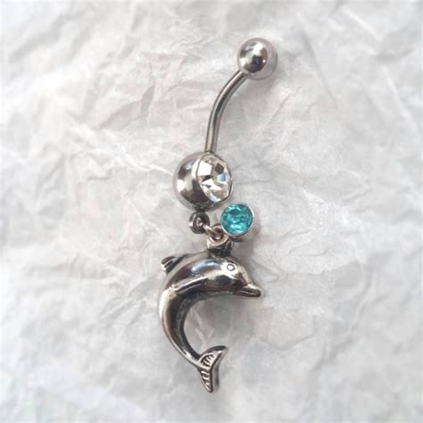 Dolphin With Diamond Stud Dangling Belly Button Ring