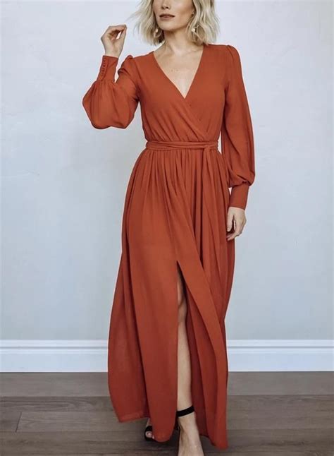 V Neck Long Sleeves Belted Maxi Dress In Rust Rosetasty Long Sleeve