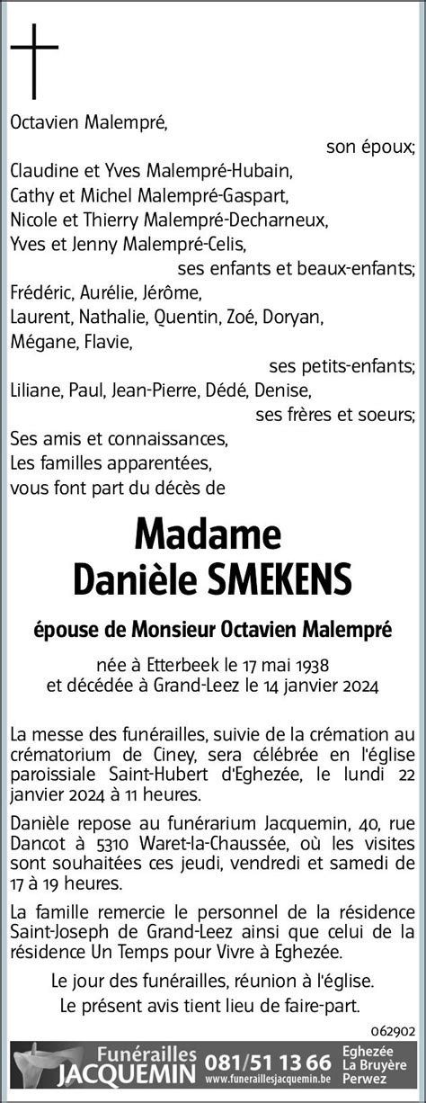 Madame Danièle SMEKENS Funérailles Jacquemin