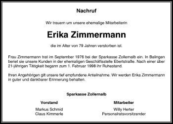 Traueranzeigen Von Erika Zimmermann Schwarzw Lder Bote Trauer