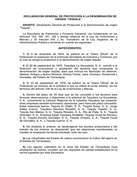 DECLARACION GENERAL DE PROTECCIÓN A LA DENOMINACIÓN DE ORIGEN TEQUILA