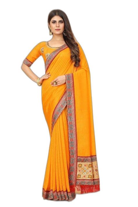 Party Wear Embroidered Yellow Vichitra Silk Saree 6 3 M With Blouse