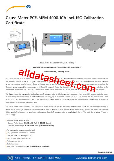 PCE MFM4000 ICA Datasheet PDF PCE Instruments