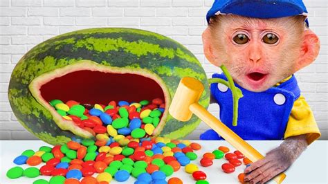 Baby Monkey Bibi Go Harvest Watermelon Mandm Candy And Eat Giant Pizza In