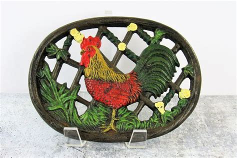 Cast Iron Painted Rooster Trivet Oval Footed Hot Plate Etsy Rooster