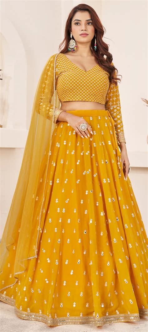 Engagement Festive Reception Yellow Color Georgette Fabric Lehenga