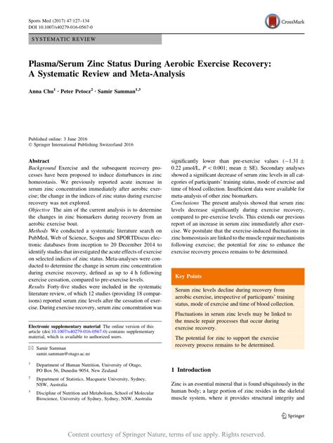 Plasma Serum Zinc Status During Aerobic Exercise Recovery A Systematic