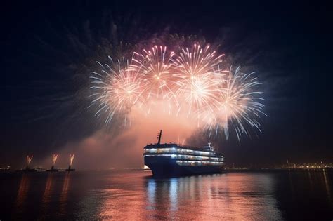 Premium Photo | Fireworks are seen in the night sky above a cruise ship.