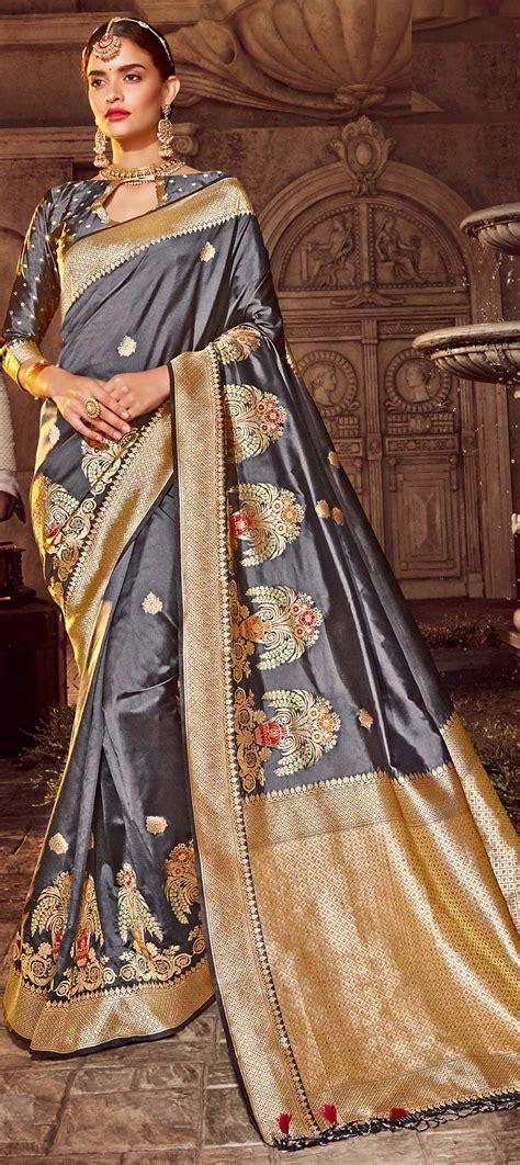 Party Wear Reception Traditional Black And Grey Color Art Silk Silk Fabric Saree 1592591