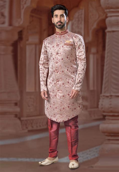 Peach Banarasi Jacquard Indo Western Sherwani