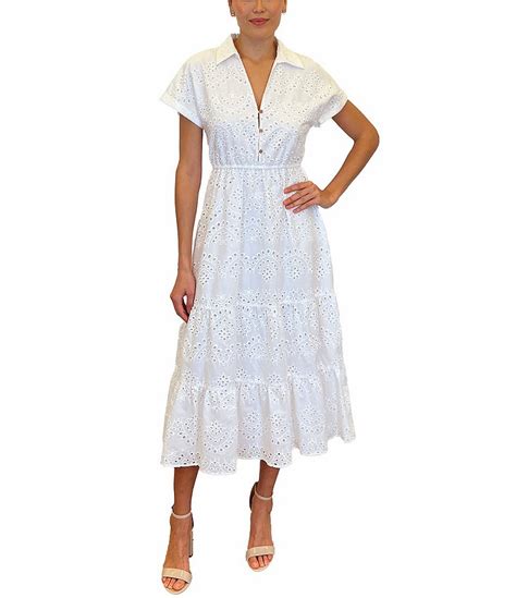 Sam Edelman Eyelet Collar Neck Short Sleeve Button Front Tiered Midi