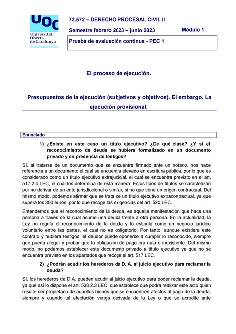 Pec Enunciado Pec De La Asignatura Derecho Procesal Civil