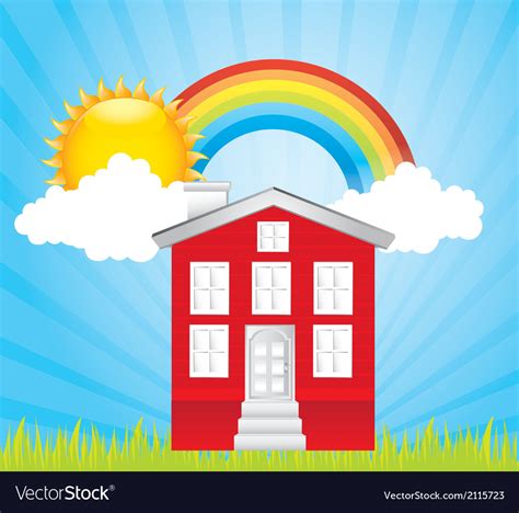 Red house over cute landscape with rainbow Vector Image