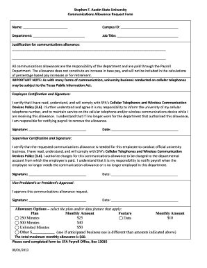 Fillable Online Sfasu Communications Allowance Request Form Stephen F