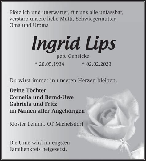 Traueranzeigen von Ingrid Lips Märkische Onlinezeitung Trauerportal